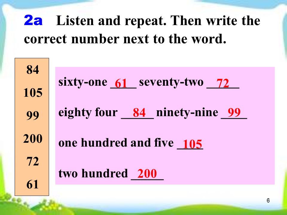 6 2a Listen and repeat. Then write the correct number next to the word.