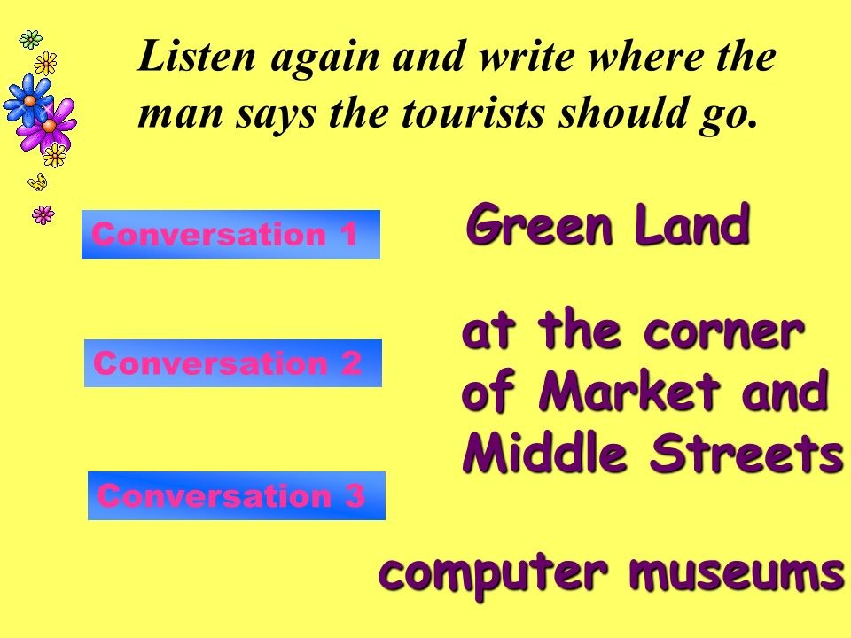 Listen again and write where the man says the tourists should go.
