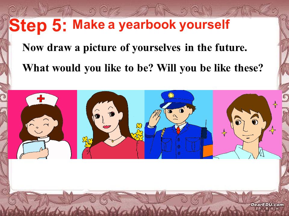 Step 5: Make a yearbook yourself Now draw a picture of yourselves in the future.