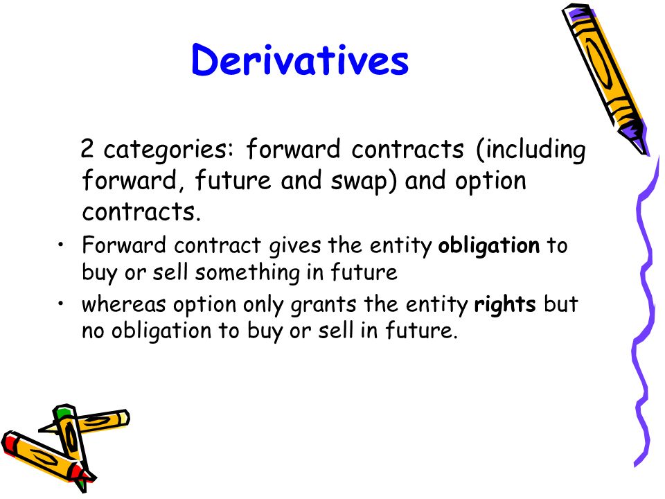 Derivatives 2 categories: forward contracts (including forward, future and swap) and option contracts.