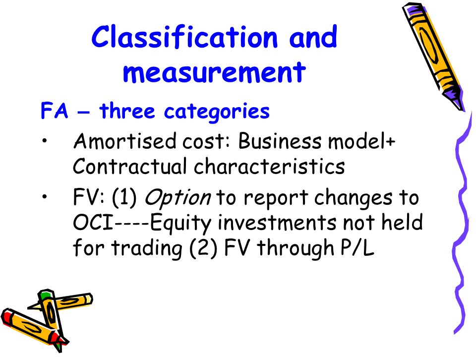 Classification and measurement FA – three categories Amortised cost: Business model+ Contractual characteristics FV: (1) Option to report changes to OCI----Equity investments not held for trading (2) FV through P/L