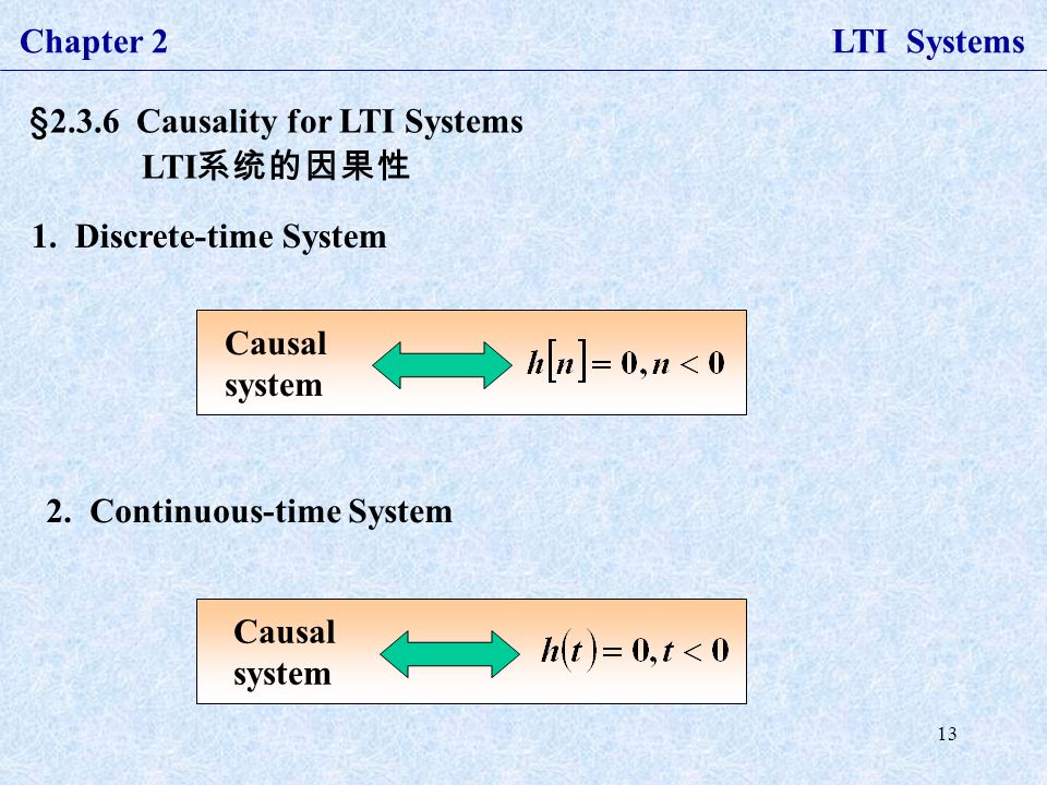 13 Chapter 2 LTI Systems §2.3.6 Causality for LTI Systems LTI 系统的因果性 1.