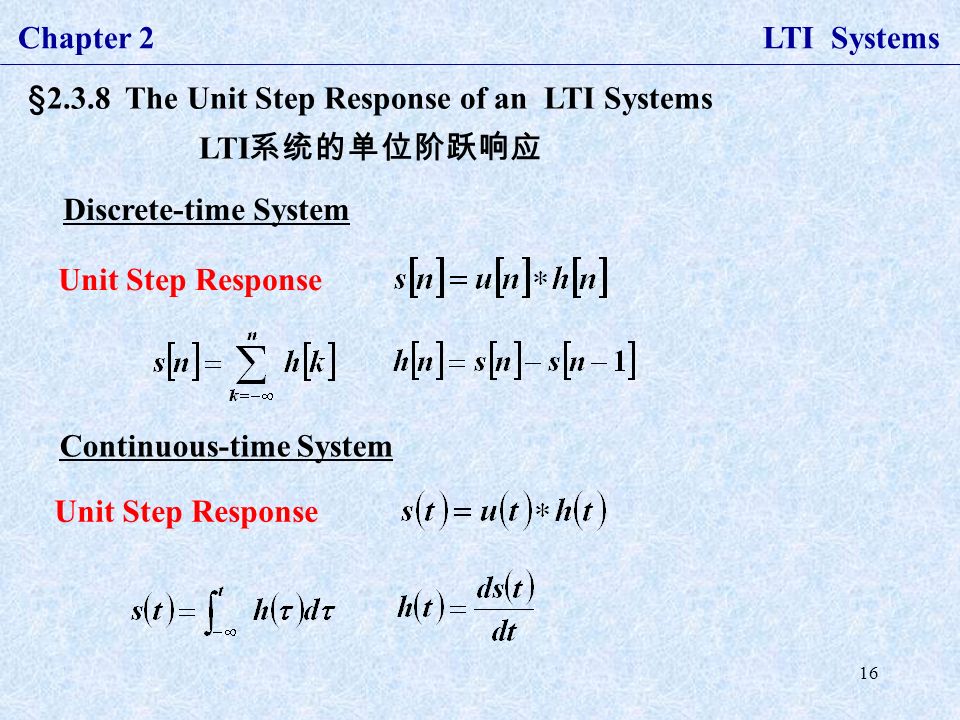 16 Chapter 2 LTI Systems §2.3.8 The Unit Step Response of an LTI Systems LTI 系统的单位阶跃响应 Discrete-time System Continuous-time System Unit Step Response
