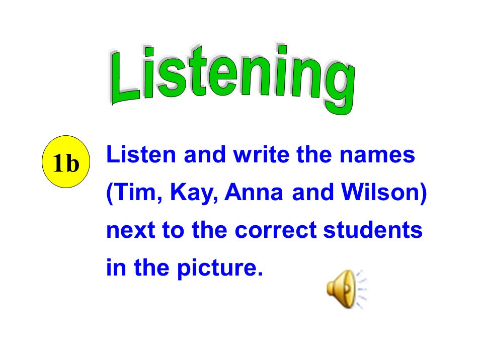Listen and write the names (Tim, Kay, Anna and Wilson) next to the correct students in the picture.