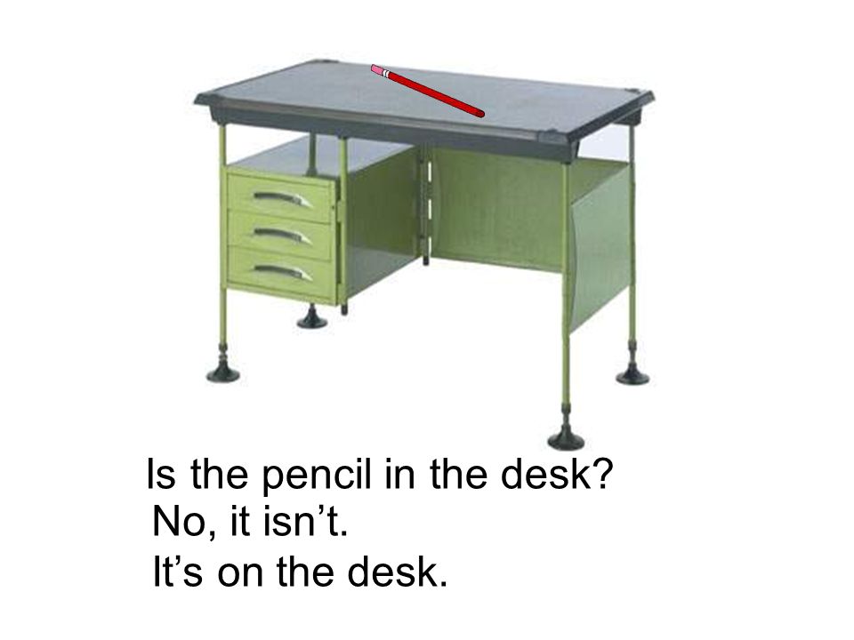 Is the pencil in the desk No, it isn’t. It’s on the desk.
