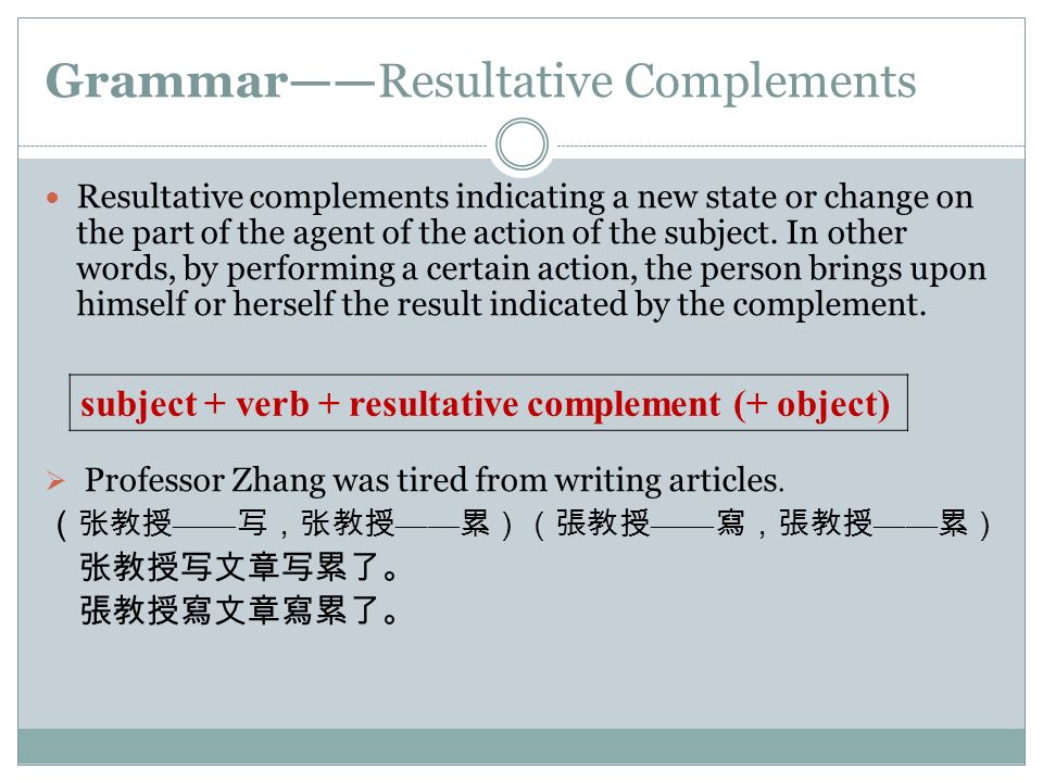 Grammar——Resultative Complements Resultative complements indicating a new state or change on the part of the agent of the action of the subject.