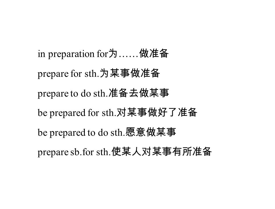 in preparation for 为 …… 做准备 prepare for sth. 为某事做准备 prepare to do sth.