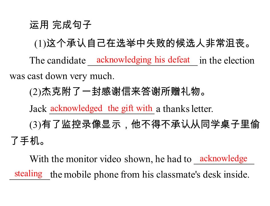 运用 完成句子 (1) 这个承认自己在选举中失败的候选人非常沮丧。 The candidate ______________________ in the election was cast down very much.