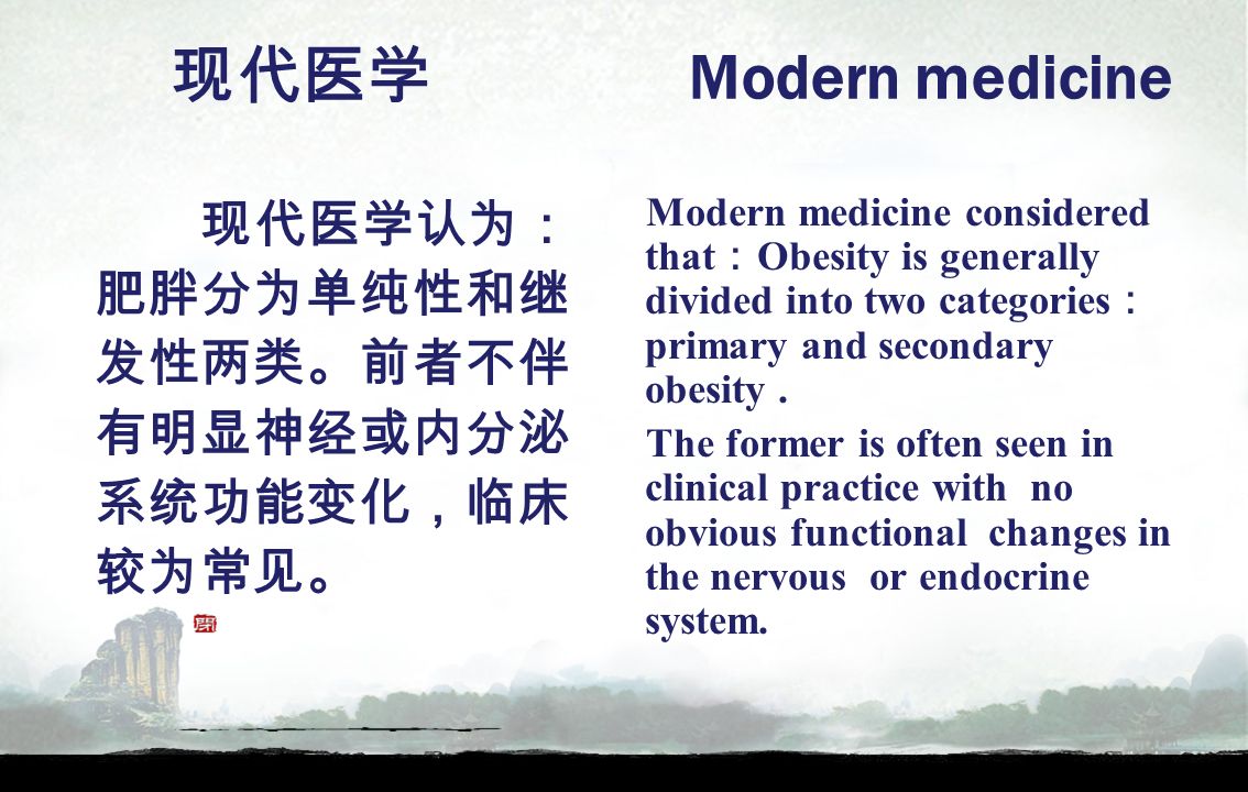 现代医学 Modern medicine 现代医学认为： 肥胖分为单纯性和继 发性两类。前者不伴 有明显神经或内分泌 系统功能变化，临床 较为常见。 Modern medicine considered that ： Obesity is generally divided into two categories ： primary and secondary obesity.