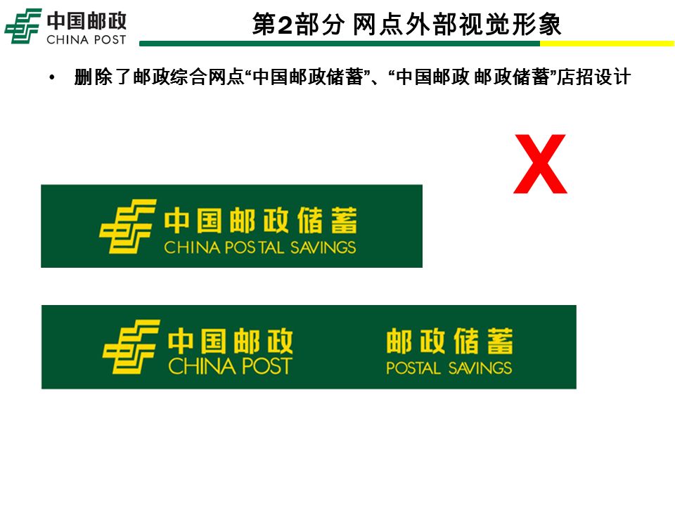 第 2 部分 网点外部视觉形象 删除了邮政综合网点 中国邮政储蓄 、 中国邮政 邮政储蓄 店招设计 X