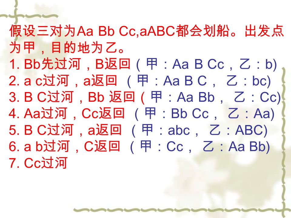 假设三对为 Aa Bb Cc,aABC 都会划船。出发点 为甲，目的地为乙。 1. Bb 先过河， B 返回（甲： Aa B Cc ，乙： b) 2.