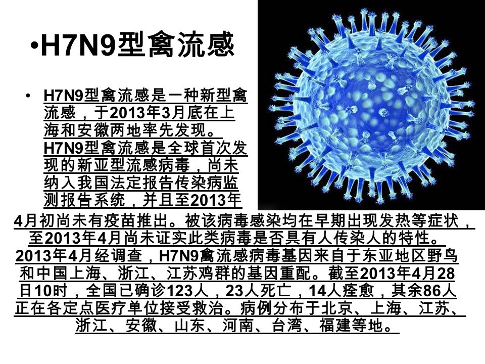 H7N9 型禽流感 H7N9 型禽流感是一种新型禽 流感，于 2013 年 3 月底在上 海和安徽两地率先发现。 H7N9 型禽流感是全球首次发 现的新亚型流感病毒，尚未 纳入我国法定报告传染病监 测报告系统，并且至 2013 年 4 月初尚未有疫苗推出。被该病毒感染均在早期出现发热等症状， 至 2013 年 4 月尚未证实此类病毒是否具有人传染人的特性。 2013 年 4 月经调查， H7N9 禽流感病毒基因来自于东亚地区野鸟 和中国上海、浙江、江苏鸡群的基因重配。截至 2013 年 4 月 28 日 10 时，全国已确诊 123 人， 23 人死亡， 14 人痊愈，其余 86 人 正在各定点医疗单位接受救治。病例分布于北京、上海、江苏、 浙江、安徽、山东、河南、台湾、福建等地。