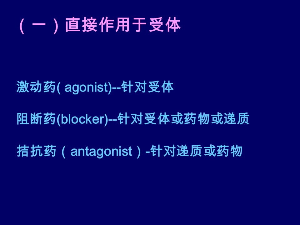 激动药 ( agonist)-- 针对受体 阻断药 (blocker)-- 针对受体或药物或递质 拮抗药（ antagonist ） - 针对递质或药物 （一）直接作用于受体