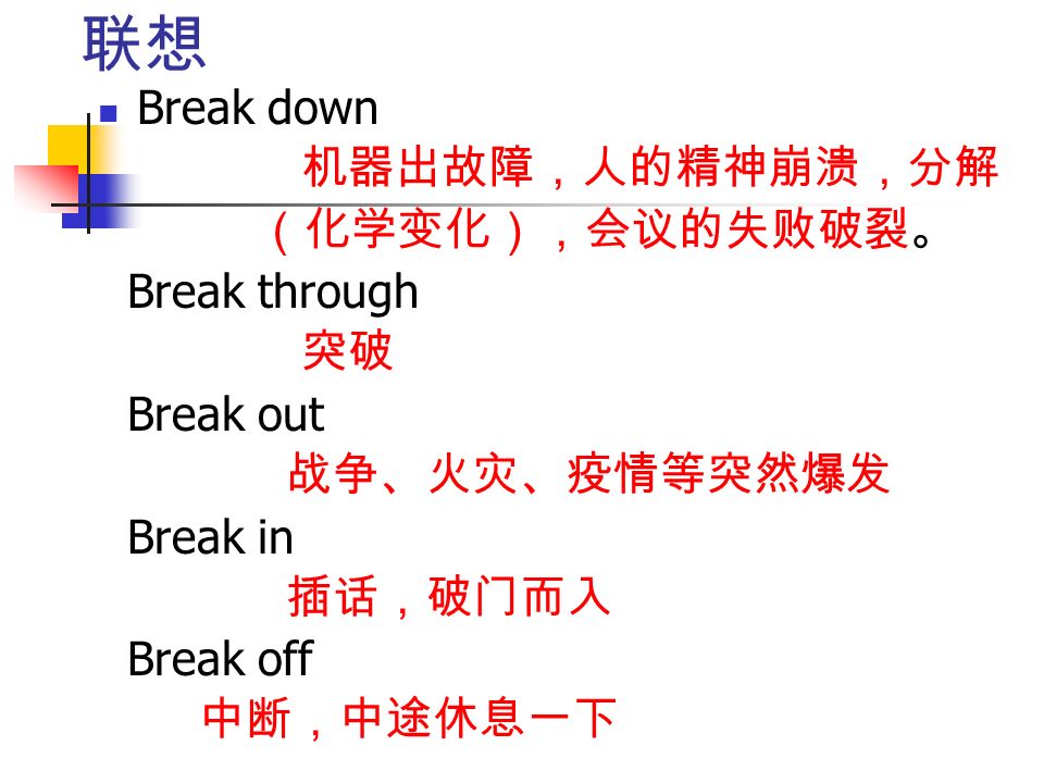 联想 Break down 机器出故障，人的精神崩溃，分解 （化学变化），会议的失败破裂。 Break through 突破 Break out 战争、火灾、疫情等突然爆发 Break in 插话，破门而入 Break off 中断，中途休息一下