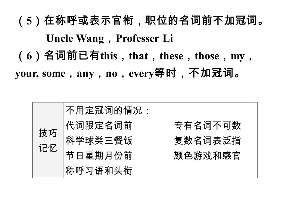 第二模块 中考语法 （ 5 ）在称呼或表示官衔，职位的名词前不加冠词。 Uncle Wang ， Professer Li （ 6 ）名词前已有 this ， that ， these ， those ， my ， your, some ， any ， no ， every 等时，不加冠词。 技巧 记忆 不用定冠词的情况： 代词限定名词前 专有名词不可数 科学球类三餐饭 复数名词表泛指 节日星期月份前 颜色游戏和感官 称呼习语和头衔