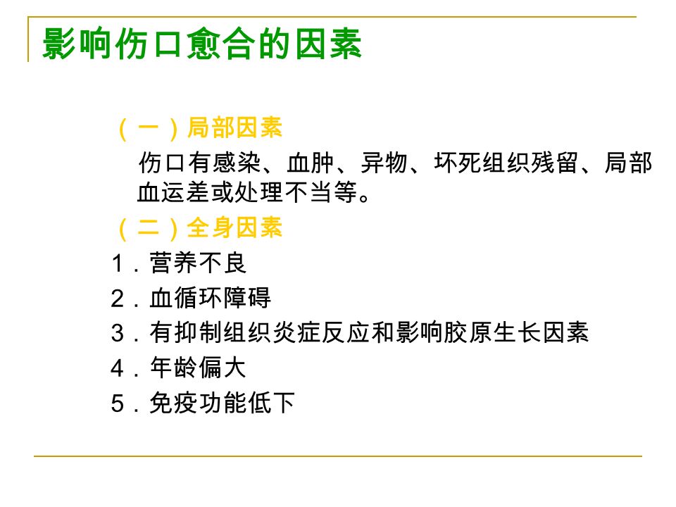 影响伤口愈合的因素 （一）局部因素 伤口有感染、血肿、异物、坏死组织残留、局部 血运差或处理不当等。 （二）全身因素 1 ．营养不良 2 ．血循环障碍 3 ．有抑制组织炎症反应和影响胶原生长因素 4 ．年龄偏大 5 ．免疫功能低下