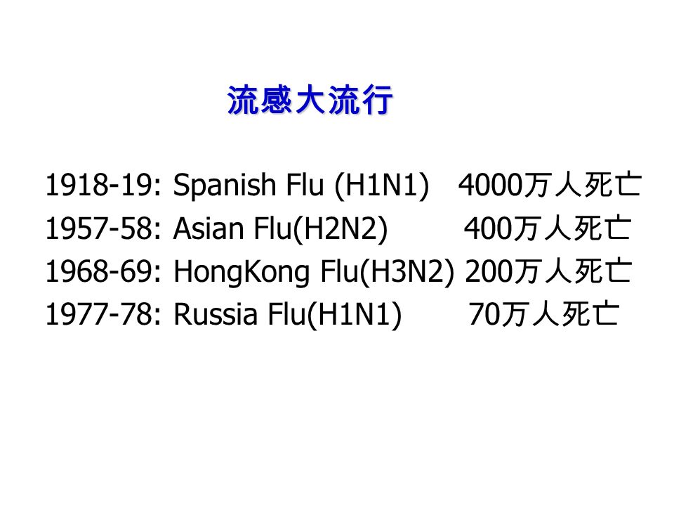 流感大流行 : Spanish Flu (H1N1) 4000 万人死亡 : Asian Flu(H2N2) 400 万人死亡 : HongKong Flu(H3N2) 200 万人死亡 : Russia Flu(H1N1) 70 万人死亡