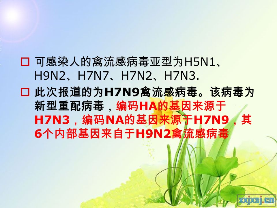  可感染人的禽流感病毒亚型为 H5N1 、 H9N2 、 H7N7 、 H7N2 、 H7N3.