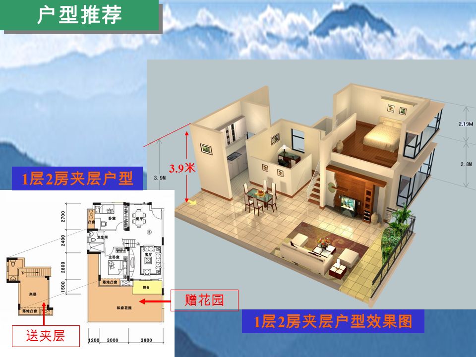 户型推荐 1 层 2 房夹层户型效果图 3.9 米 1 层 2 房夹层户型 赠花园 送夹层