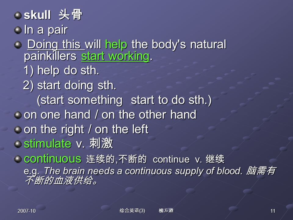 综合英语 (3) 柳方遒 skull 头骨 In a pair Doing this will help the body s natural painkillers start working.