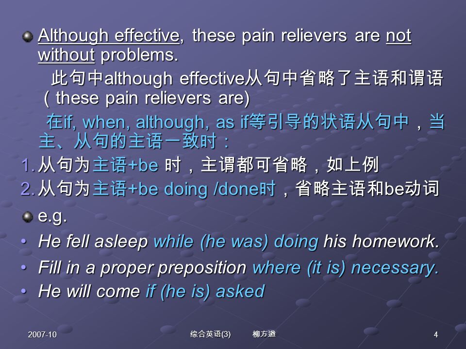 综合英语 (3) 柳方遒 Although effective, these pain relievers are not without problems.