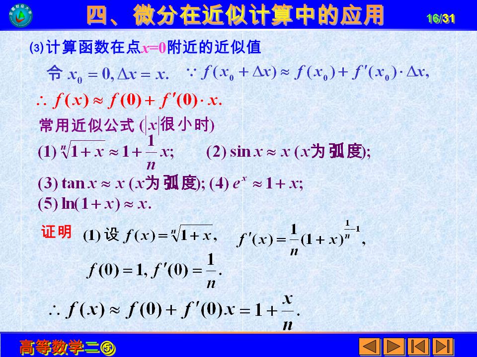高等数学二⑤ 16/31 ⑶计算函数在点 x=0 附近的近似值 常用近似公式 证明