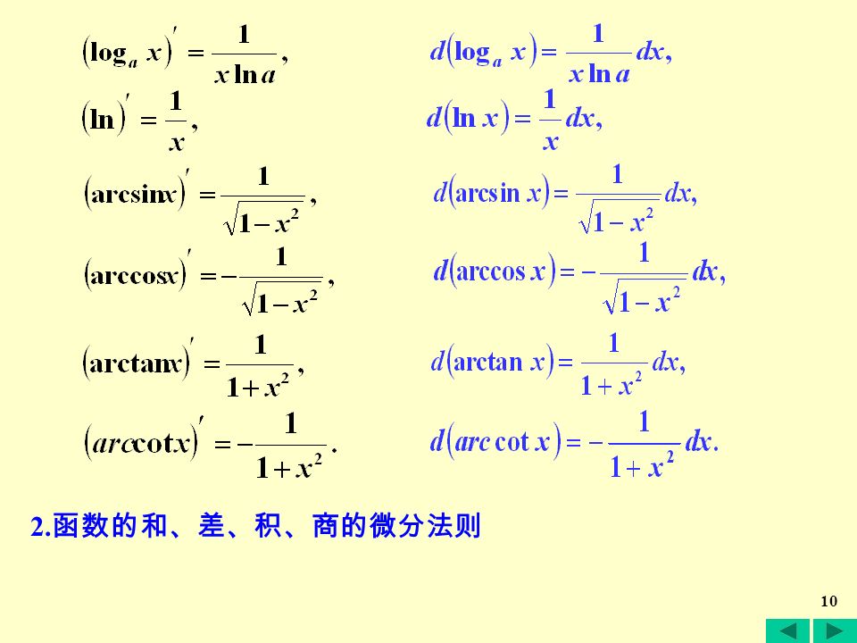 9 二. 基本初等函数的微分公式与微分运算法则 1. 基本初等函数的微分公式 导数公式 微分公式