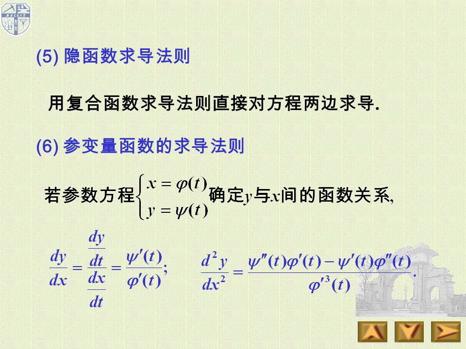 (5) 隐函数求导法则 用复合函数求导法则直接对方程两边求导. (6) 参变量函数的求导法则