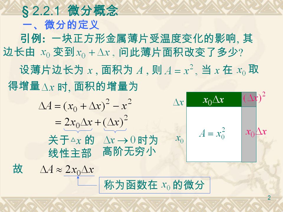 1 第二节 微 分 § 微分概念 § 微分公式和运算法则 § 高阶微分 § 微分在近似计算中的应用举例 误差估计