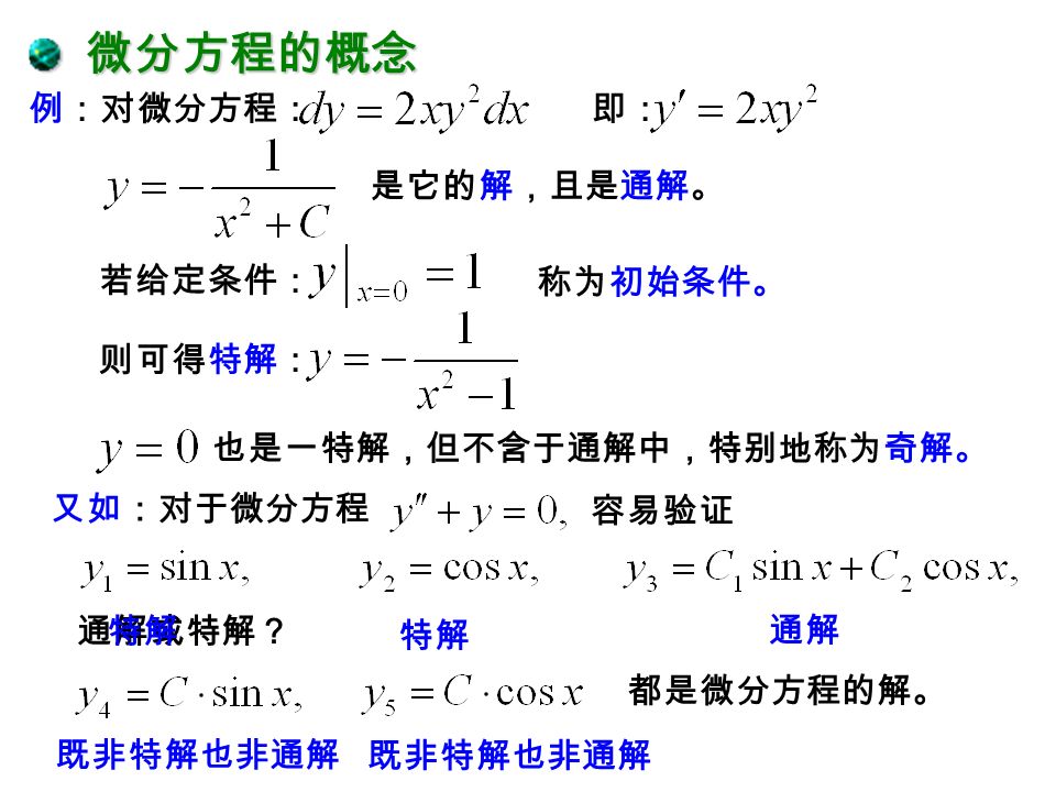 微分方程：含有未知函数的导数或微分的方程。如： 等 …… 特点： 和 可以不出现，但 的导数一定要出现。 微分方程的阶：微分方程中出现的未知函数的导数的最高阶数。 上面三个微分方程的阶数分别是二阶、一阶、三阶。 微分方程的解：满足微分方程的函数。 特解：满足微分方程且不含任意常数的函数。 通解：满足 阶微分方程且含 个独立任意常数的函数。 微分方程的概念 微分方程的概念 课堂练习 P175 1 及 2 题