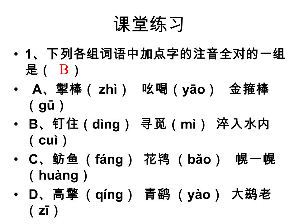 课堂练习 1 、下列各组词语中加点字的注音全对的一组 是（ ） A 、掣棒（ zhì ） 吆喝（ yāo ） 金箍棒 （ gū ） B 、钉住（ dìng ） 寻觅（ mì ） 淬入水内 （ cuì ） C 、鲂鱼 （ fáng ） 花鸨 （ bǎo ） 幌一幌 （ huàng ） D 、高擎 （ qíng ） 青鹞 （ yào ） 大鹚老 （ zī ） B