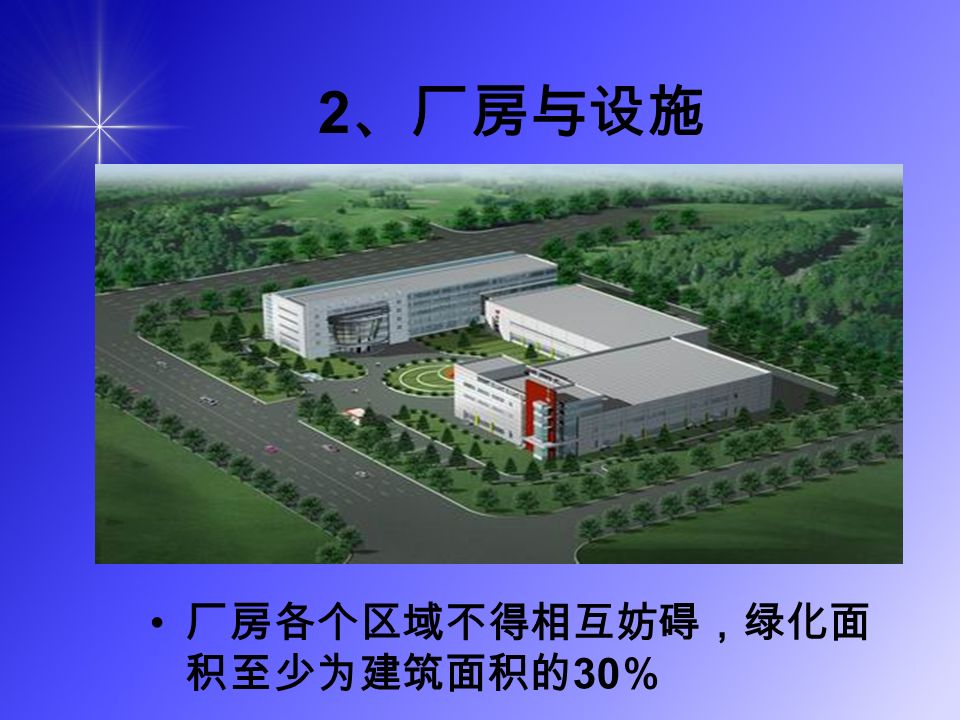 2 、厂房与设施 厂房各个区域不得相互妨碍，绿化面 积至少为建筑面积的 30 ％