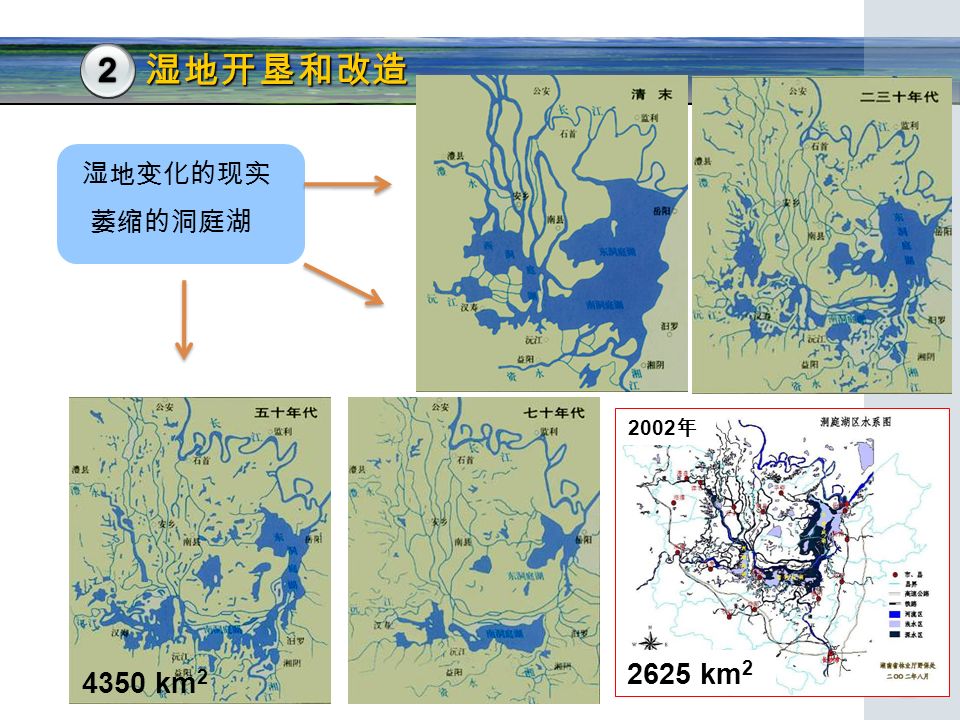 湿地变化的现实 萎缩的洞庭湖 2002 年 4350 km km 2 湿地开垦和改造 1