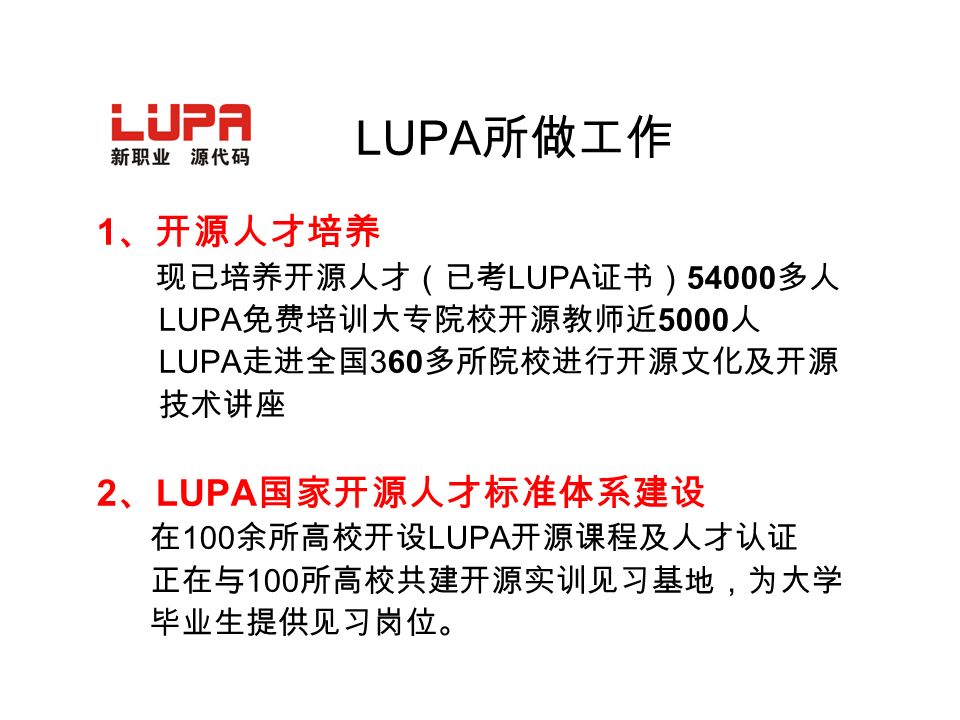 LUPA 所做工作 1 、开源人才培养 现已培养开源人才（已考 LUPA 证书） 多人 LUPA 免费培训大专院校开源教师近 5000 人 LUPA 走进全国 360 多所院校进行开源文化及开源 技术讲座 2 、 LUPA 国家开源人才标准体系建设 在 100 余所高校开设 LUPA 开源课程及人才认证 正在与 100 所高校共建开源实训见习基地，为大学 毕业生提供见习岗位。