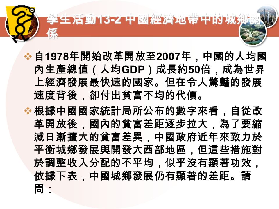 學生活動 13-2 中國經濟地帶中的城鄉關 係  自 1978 年開始改革開放至 2007 年，中國的人均國 內生產總值（人均 GDP ）成長約 50 倍，成為世界 上經濟發展最快速的國家。但在令人驚豔的發展 速度背後，卻付出貧富不均的代價。  根據中國國家統計局所公布的數字來看，自從改 革開放後，國內的貧富差距逐步拉大，為了要縮 減日漸擴大的貧富差異，中國政府近年來致力於 平衡城鄉發展與開發大西部地區，但這些措施對 於調整收入分配的不平均，似乎沒有顯著功效， 依據下表，中國城鄉發展仍有顯著的差距。請 問：