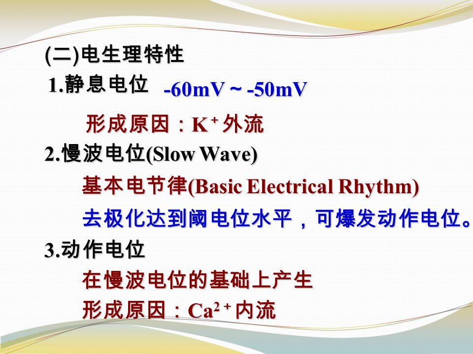 ( 二 ) 电生理特性 1. 静息电位 -60mV ～ -50mV -60mV ～ -50mV 形成原因： K ＋ 外流 2.