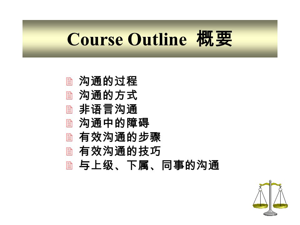 目 标 J 理解沟通的过程和其重要性 J 对肢体语言有进一步的了解 J 知道阻碍有效沟通的障碍 J 获得与他人沟通的基本技巧