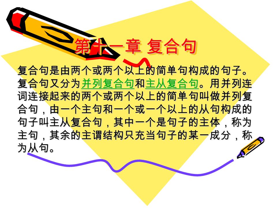 第十一章 复合句 复合句是由两个或两个以上的简单句构成的句子。 复合句又分为并列复合句和主从复合句。用并列连 词连接起来的两个或两个以上的简单句叫做并列复 合句，由一个主句和一个或一个以上的从句构成的 句子叫主从复合句，其中一个是句子的主体，称为 主句，其余的主谓结构只充当句子的某一成分，称 为从句。