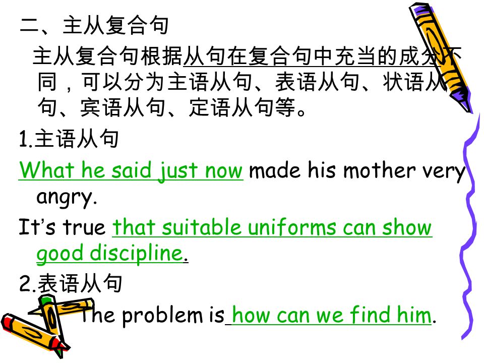 二、主从复合句 主从复合句根据从句在复合句中充当的成分不 同，可以分为主语从句、表语从句、状语从 句、宾语从句、定语从句等。 1.