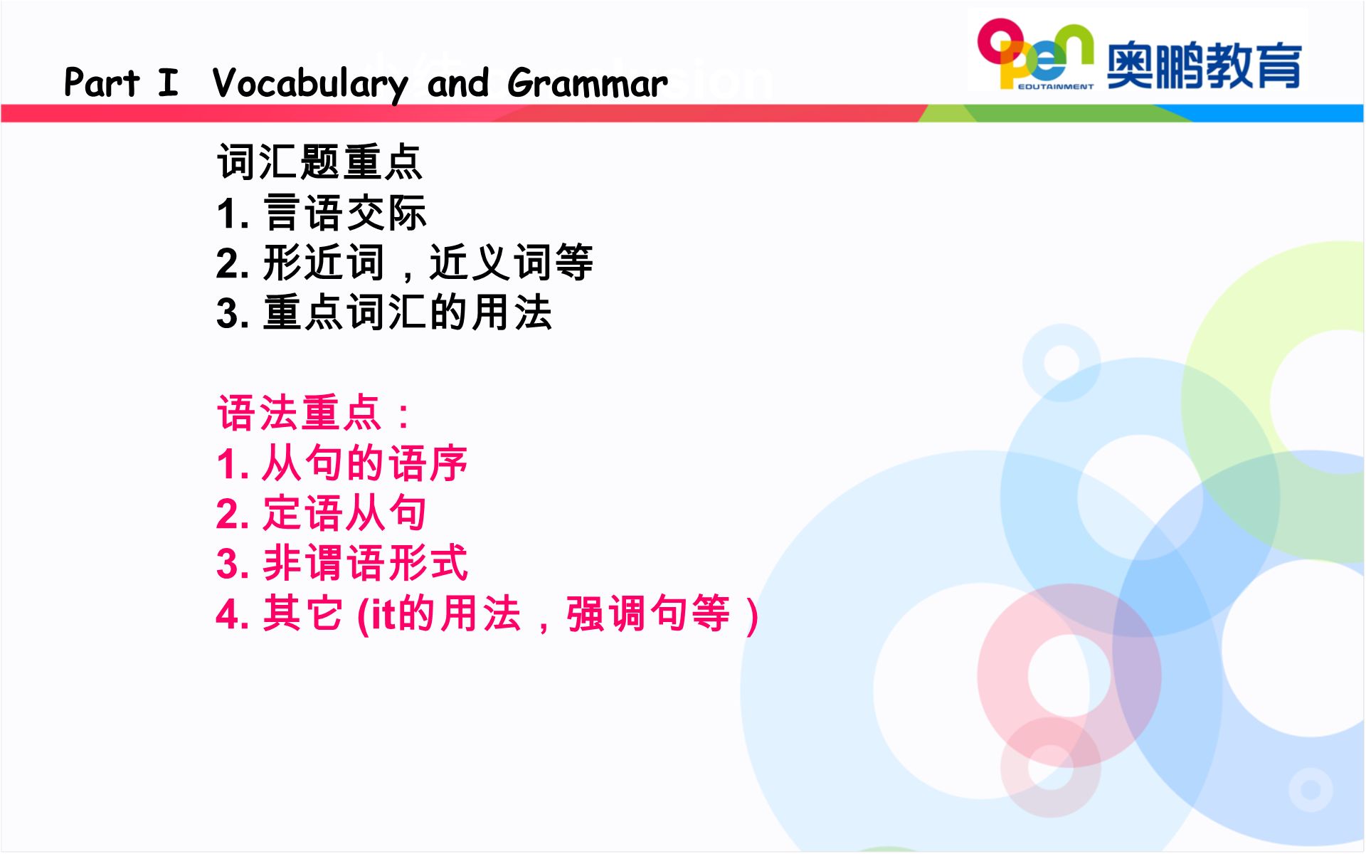 词汇题重点 1. 言语交际 2. 形近词，近义词等 3. 重点词汇的用法 语法重点： 1. 从句的语序 2.