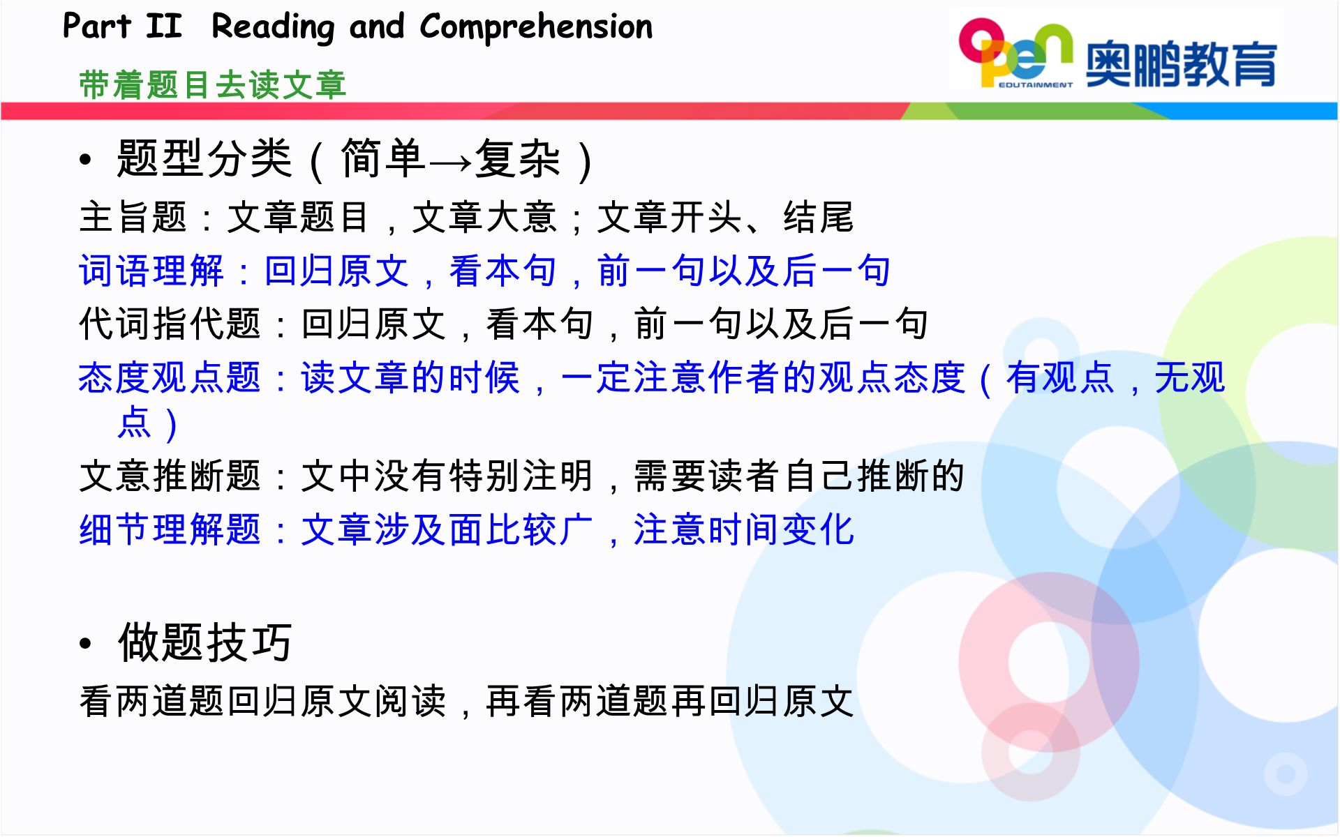 题型分类（简单 → 复杂） 主旨题：文章题目，文章大意；文章开头、结尾 词语理解：回归原文，看本句，前一句以及后一句 代词指代题：回归原文，看本句，前一句以及后一句 态度观点题：读文章的时候，一定注意作者的观点态度（有观点，无观 点） 文意推断题：文中没有特别注明，需要读者自己推断的 细节理解题：文章涉及面比较广，注意时间变化 做题技巧 看两道题回归原文阅读，再看两道题再回归原文 Part II Reading and Comprehension 带着题目去读文章