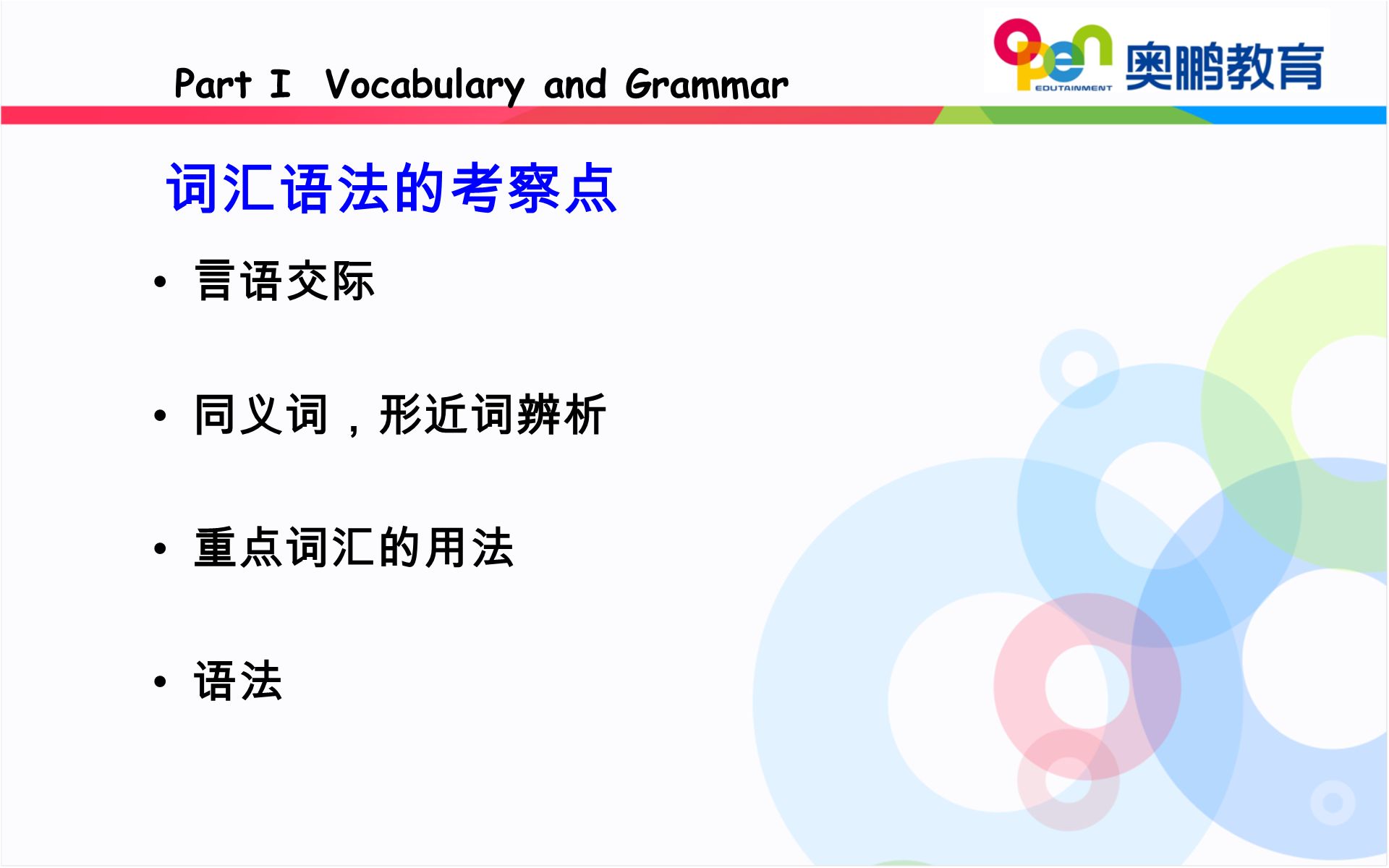 词汇语法的考察点 言语交际 同义词，形近词辨析 重点词汇的用法 语法 Part I Vocabulary and Grammar