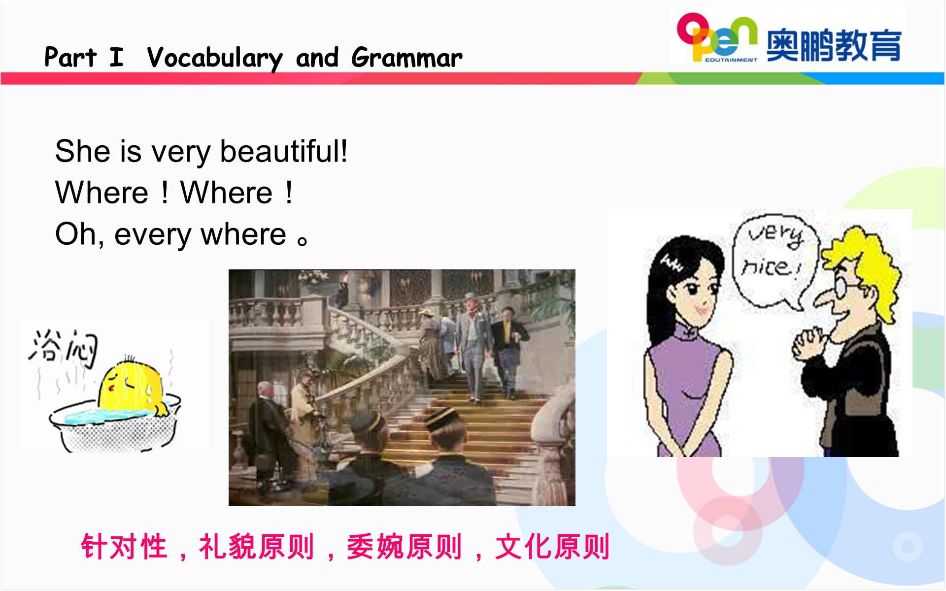 She is very beautiful! Where ！ Oh, every where 。 Part I Vocabulary and Grammar 针对性，礼貌原则，委婉原则，文化原则