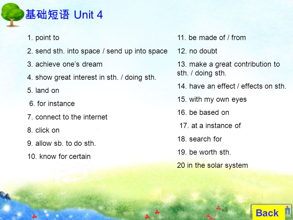 基础短语 Unit 3 Back 1. stick sth. on 2. can’t wait to do sth.