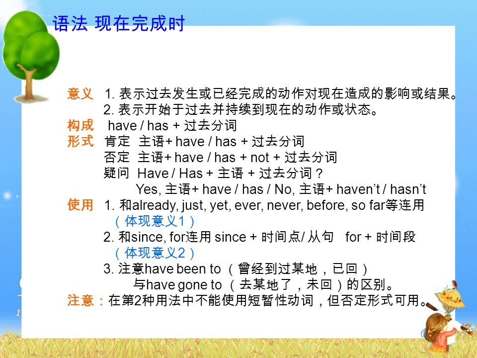 语法 被动语态 1. 意义 被动语态表示主语是动作的承受着。 2. 构成 be + 过去分词 情态动词 + be + 过去分词 3.