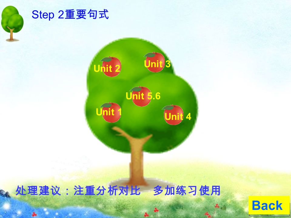 Step 1 基础短语 Unit 1 Unit 4 Unit 5.6 Unit 3 Unit 2 处理建议：注重讲解 加强背诵 Back