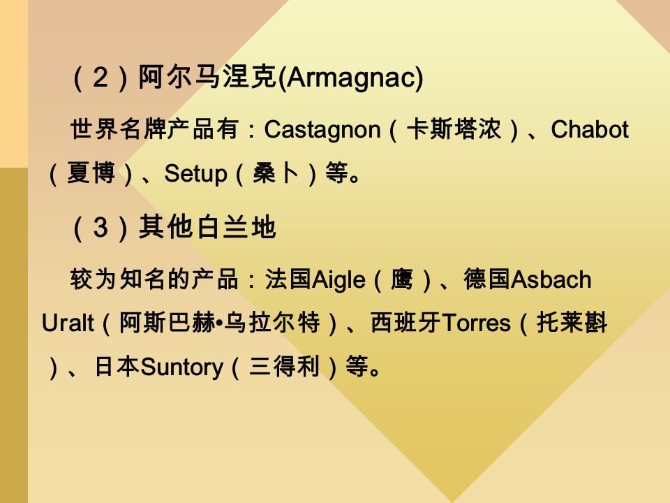 （ 2 ）阿尔马涅克 (Armagnac) 世界名牌产品有： Castagnon （卡斯塔浓）、 Chabot （夏博）、 Setup （桑卜）等。 （ 3 ）其他白兰地 较为知名的产品：法国 Aigle （鹰）、德国 Asbach Uralt （阿斯巴赫 乌拉尔特）、西班牙 Torres （托莱斟 ）、日本 Suntory （三得利）等。