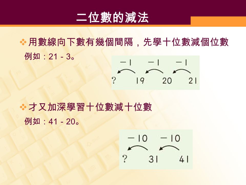 二位數的減法  用數線向下數有幾個間隔，先學十位數減個位數 例如： 21 － 3 。  才又加深學習十位數減十位數 例如： 41 － 20 。