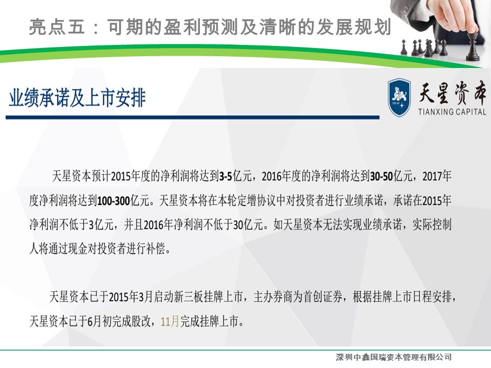 亮点五：可期的盈利预测及清晰的发展规划 深圳中鑫国瑞资本管理有限公司