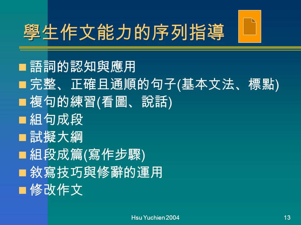 Hsu Yuchien 學生作文能力的序列指導 語詞的認知與應用 完整、正確且通順的句子 ( 基本文法、標點 ) 複句的練習 ( 看圖、說話 ) 組句成段 試擬大綱 組段成篇 ( 寫作步驟 ) 敘寫技巧與修辭的運用 修改作文